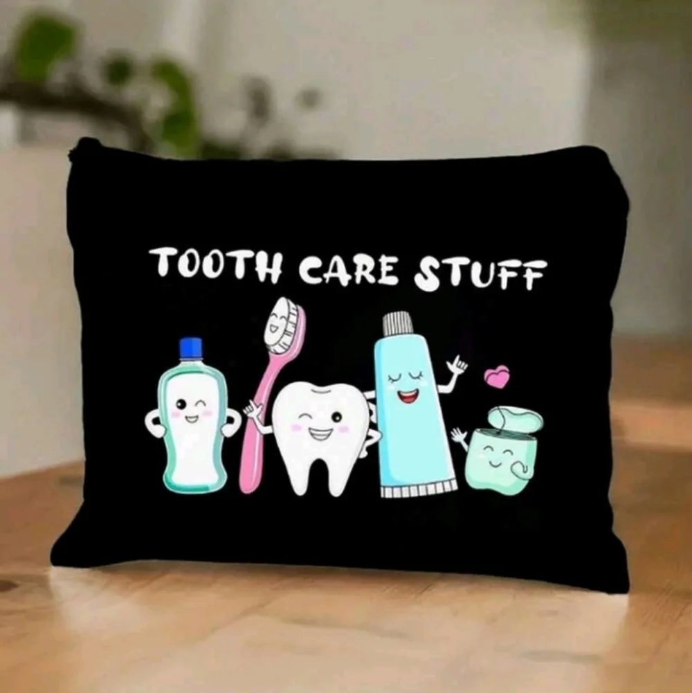 Black Tooth Care Stuff Canvas Zipper Purse Pouch Bag with Fun Teeth Graphics